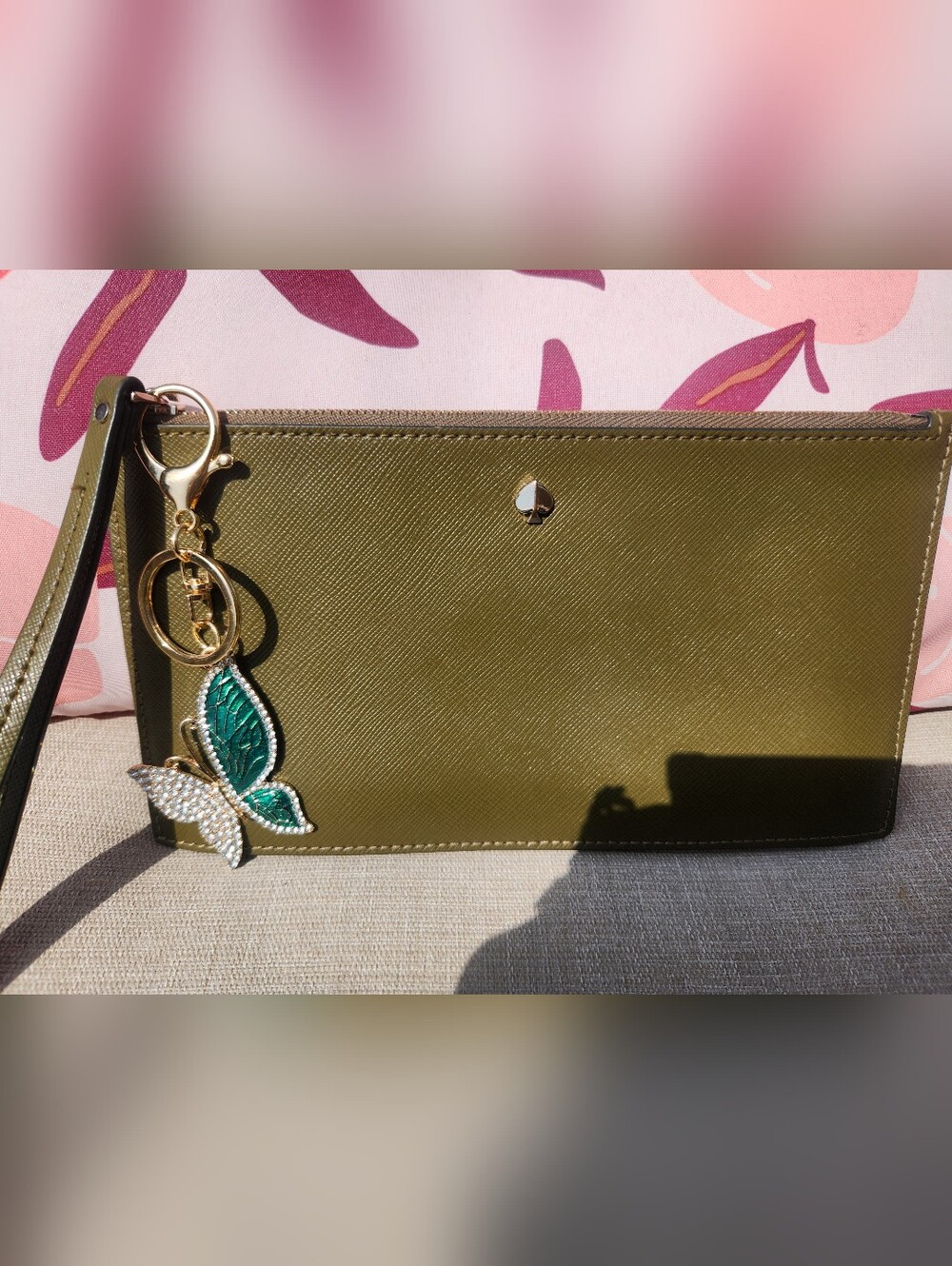 Kate Spade Olive Saffiano Leather Wristlet W Butterfly Bag Charm